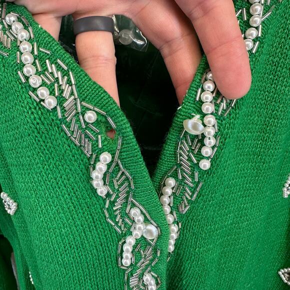Cervelle Sweater Womens Size S Green Ramie Blend Beaded Embellished Button Front - Picture 3 of 15